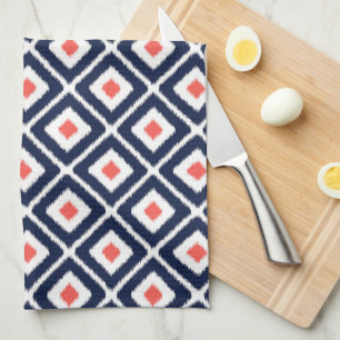 Linge De Cuisine Navy Blue, Coral, White Ikat Diamond Motif
