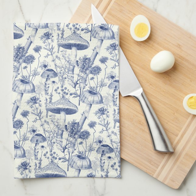 Linge De Cuisine Navy Blue Mushroom Toile De Jouy (Quart Plié)