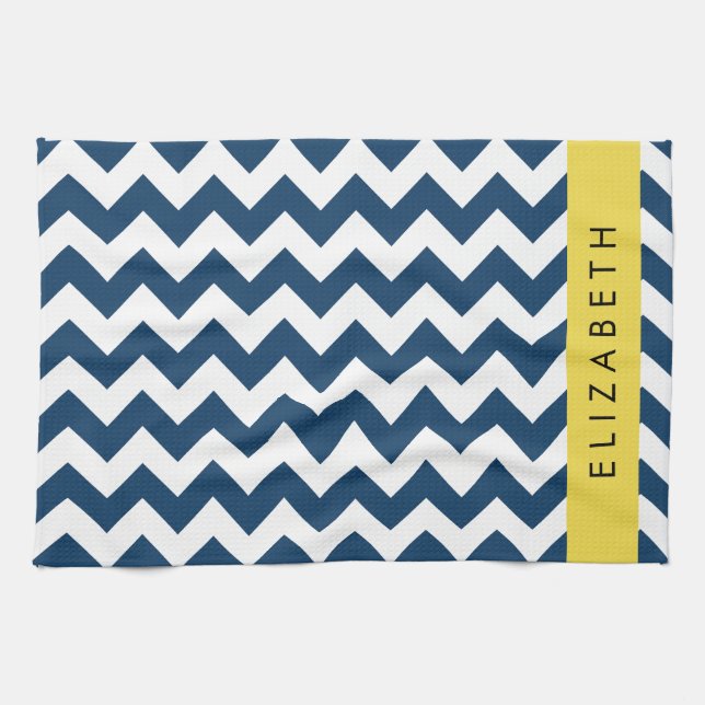 Linge De Cuisine Navy Blue Zigzag, Navy Blue Chevron, Votre nom (Horizontal)
