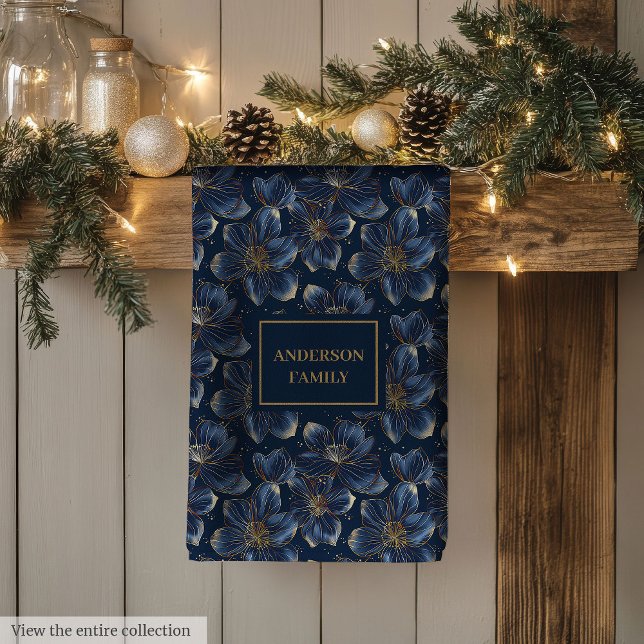 Linge De Cuisine Navy Gold Floral Dish Towel Chic Personalized Gift (Navy Gold Floral Dish Towel Chic Personalized Gift)