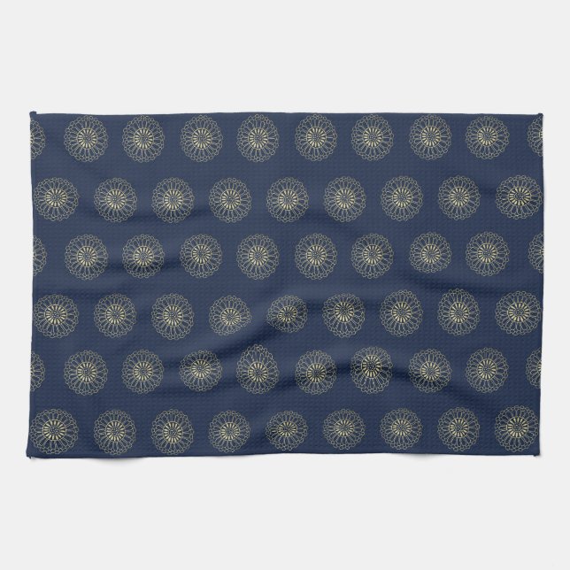 Linge De Cuisine Navy | Golden Zinnia Flower Medallions (Horizontal)