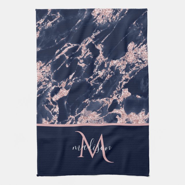 Linge De Cuisine Navy & Or Rose Marble Monogramme Élégant Luxe  (Vertical)