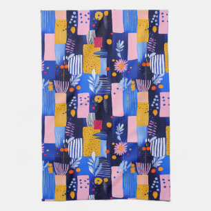 Linge De Cuisine Navy Rose Jaune Géométrique Botanique