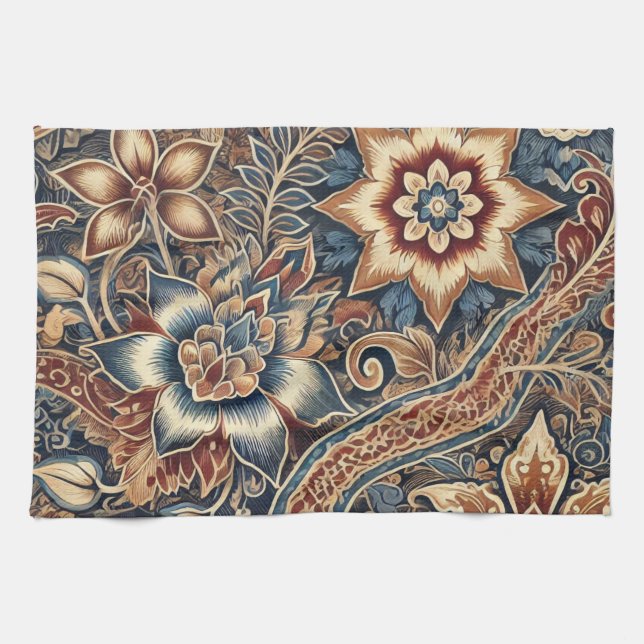 Linge De Cuisine Navy Terracotta Indonésie Batik Floral Boho Russe (Horizontal)