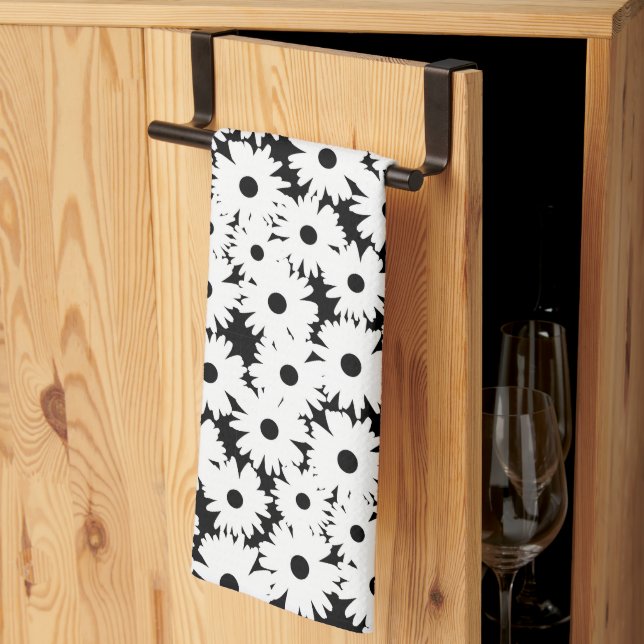 Linge De Cuisine Négative Space Daisées blanc sur noir (Pliage en tiers)