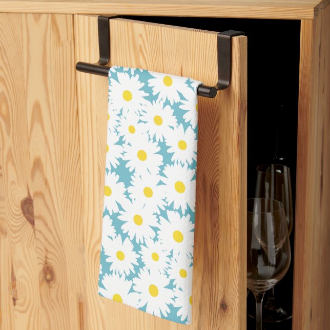 Linge De Cuisine Négative Space Daisies blanc jaune sur bleu (Pliage en tiers)