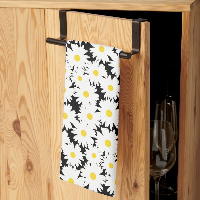 Linge De Cuisine Négative Space Daisies blanc jaune sur noir (Pliage en tiers)