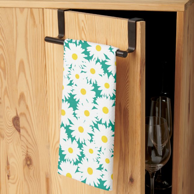 Linge De Cuisine Négative Space Daisies blanc jaune sur vert (Pliage en tiers)