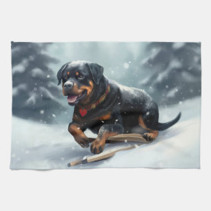 Linge De Cuisine Neige de Noël Rottweiler hiver Oreiller