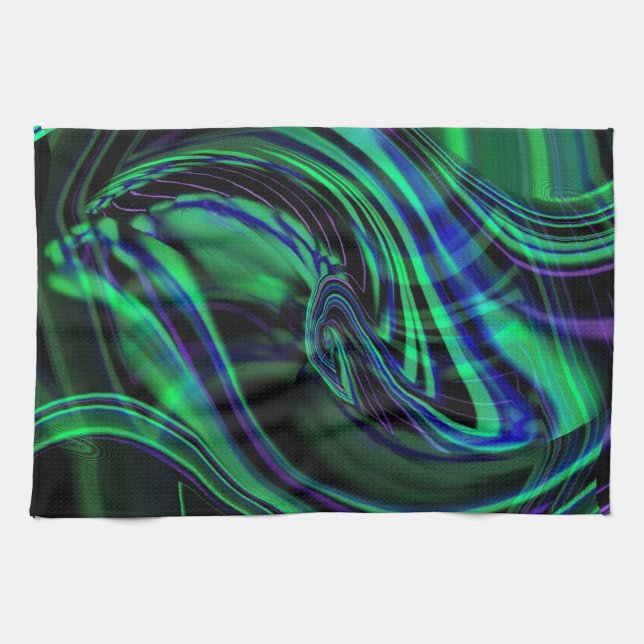 Linge De Cuisine Neon Aqua N Blue Waves Abstrait (Horizontal)