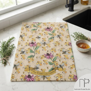 Linge De Cuisine Nid d'abeille de ferme en or Nom de famille 