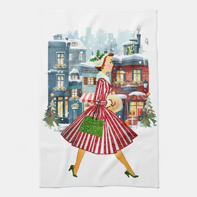 Linge De Cuisine Noël 1950 Vintage Dame  (Vertical)