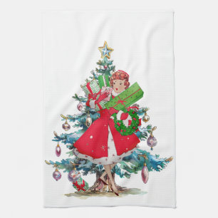 Linge De Cuisine Noël 1950 Vintage Dame