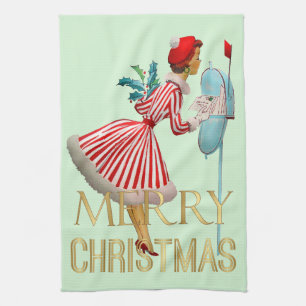 Linge De Cuisine Noël 1950 Vintage dame Joyeux Noël