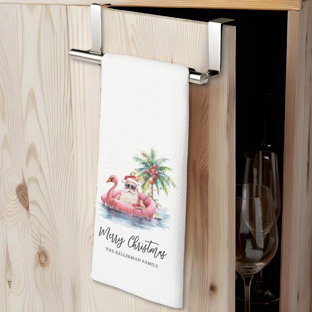 Linge De Cuisine Noël à Santa Claus Tropical Beach (Santa Claus Tropical Beach Christmas kitchen towel)