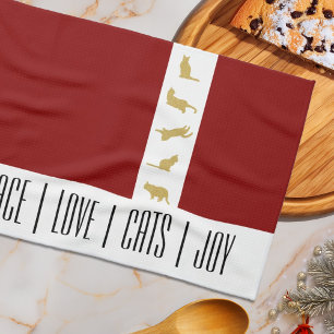 Linge De Cuisine Noël Amour Chat Rouge Blanc Or Moderne