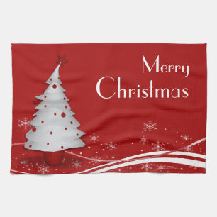 Linge De Cuisine Noël Arrière - plan rouge et arbre blanc