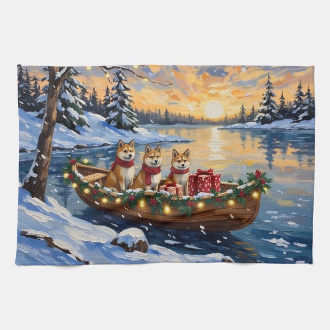 Linge De Cuisine Noël Bateau Akita Fêtes (Horizontal)