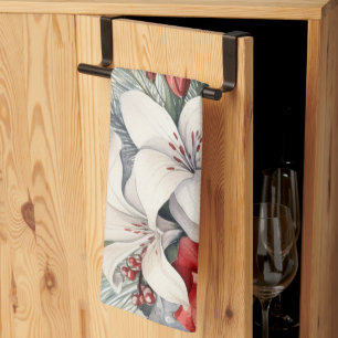 Linge De Cuisine Noël Blanc Fleurs Rouges Vacances Élégant
