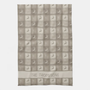 Linge De Cuisine Noël carreau beige cerf avec nom de famille person