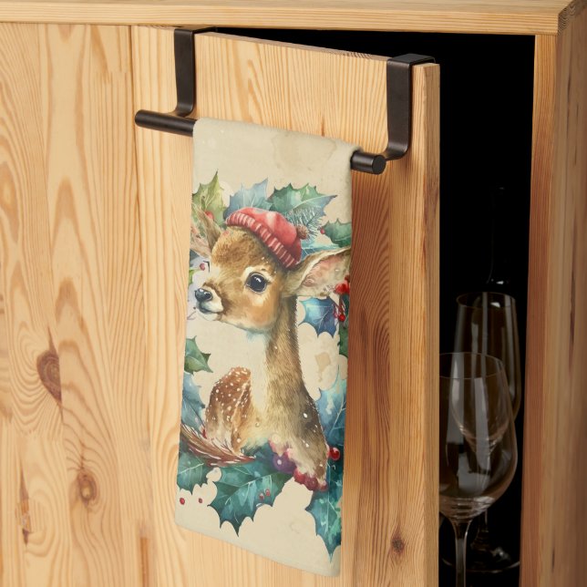 Linge De Cuisine Noël Cerf d'hiver Aquarelle animal amusant (Pliage en tiers)