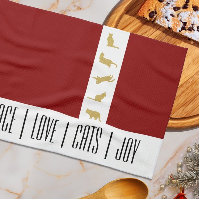 Linge De Cuisine Noël Chat Moderne Rouge Blanc Or (Créateur téléchargé)