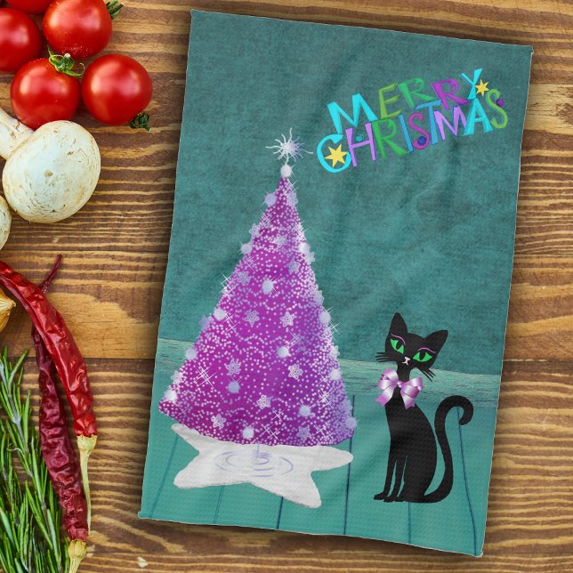 Linge De Cuisine Noël Chat Noir Rose Argent Arbre Salle Sarcelle (Pink silver Christmas tree black cat in teal coloured room on Merry Chrismtas kitchen towel.)