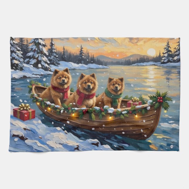 Linge De Cuisine Noël Chow Chow Bateau Fêtes (Horizontal)