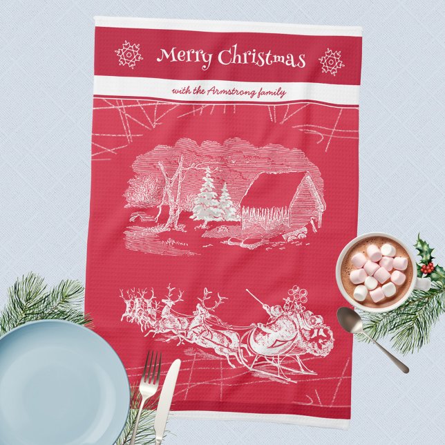Linge De Cuisine Noël classique du Père Noël Rouge (Merry Christmas 🎅🏻 Santa Sleigh Reindeers Red Kitchen Towel ©Susanne Sachers - Sunny Mind Design )