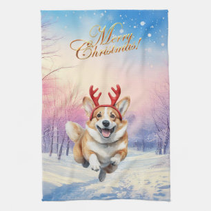 Linge De Cuisine Noël Corgi Reindeer bois saute dans la neige