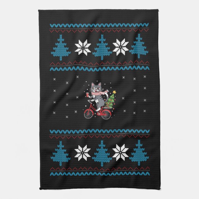 Linge De Cuisine Noël de chat à vélo laid (Vertical)