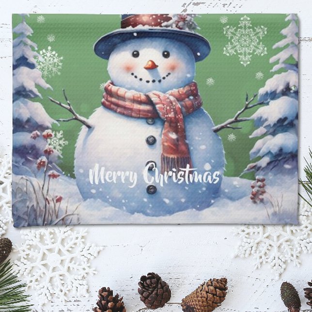 Linge De Cuisine Noël de la forêt d'hiver | Green (Green Winter Forest Snowman Christmas Kitchen Towel)