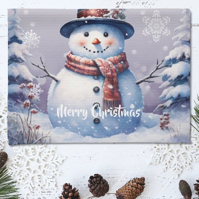 Linge De Cuisine Noël de la forêt d'hiver | Pourpre (Purple Winter Forest Snowman Christmas Kitchen Towel)