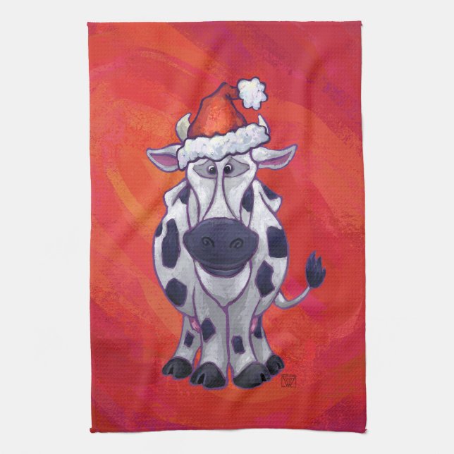 Linge De Cuisine Noël de la vache sur Red Feild (Vertical)