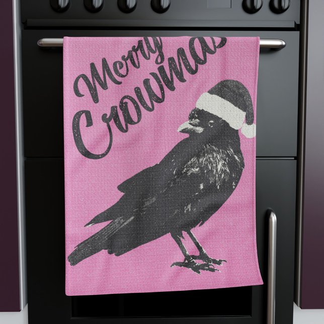 Linge De Cuisine Noël des Crowmas Joyeux Rose et Noir (This pink and black "Merry Crowmas" Christmas (or pinkmas) towel is fun and unique for the holiday.)
