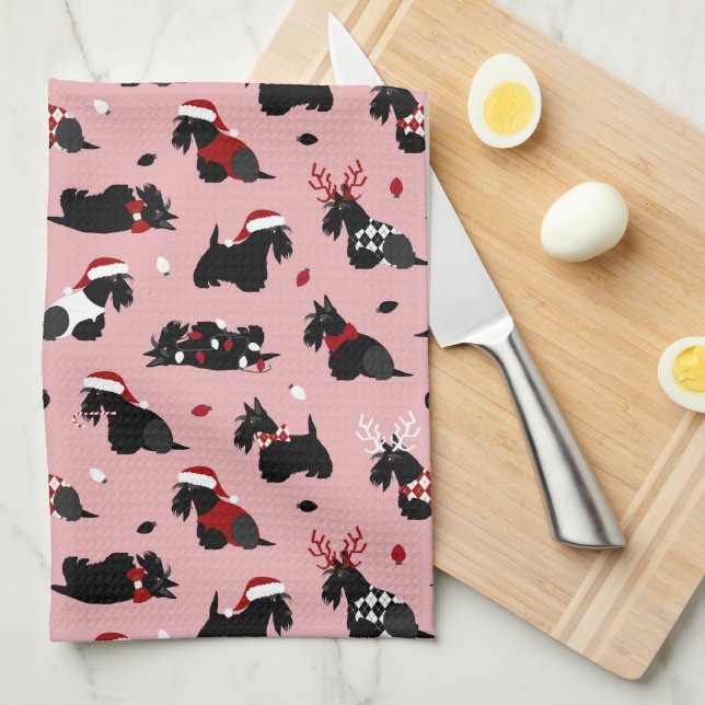 Linge De Cuisine Noël écossais Terrier rose (Quart Plié)