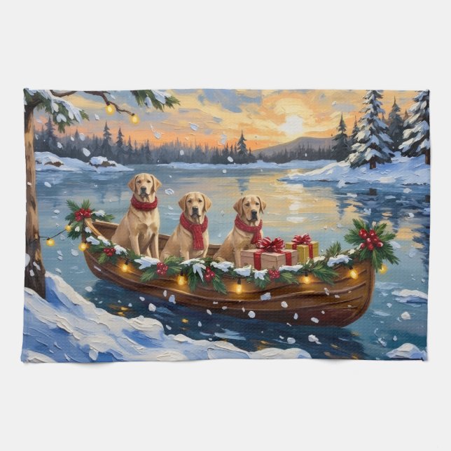 Linge De Cuisine Noël en bateau avec Labrador Retriever (Horizontal)