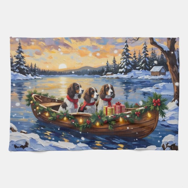 Linge De Cuisine Noël en bateau avec Springer Spaniel (Horizontal)