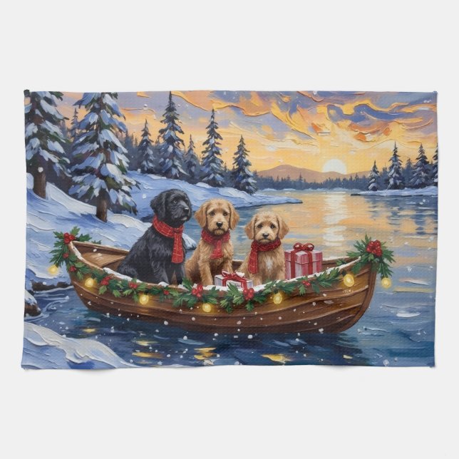 Linge De Cuisine Noël en bateau avec un Bernedoodle (Horizontal)