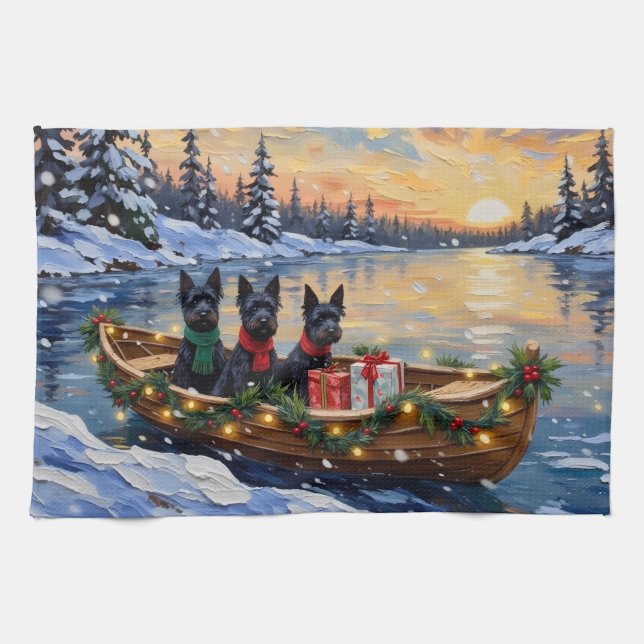 Linge De Cuisine Noël en bateau avec un Terrier Écossais (Horizontal)