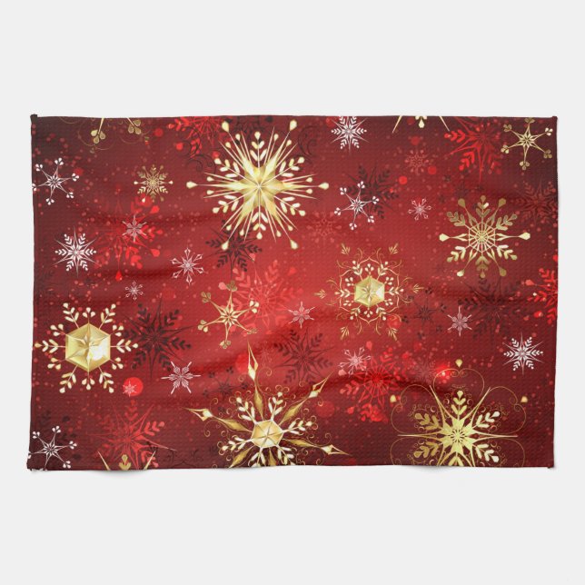 Linge De Cuisine Noël Golden Snowflakes sur Arrière - plan rouge (Horizontal)