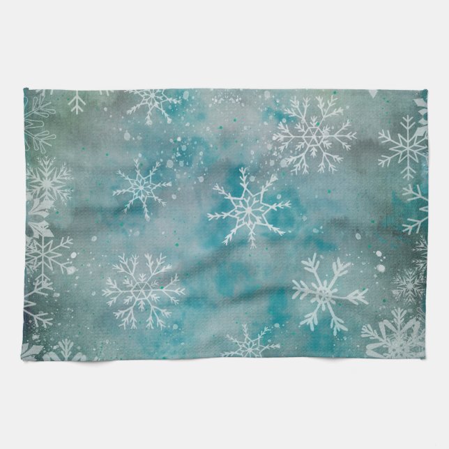 Linge De Cuisine Noël Hiver Flambeaux blancs Sur Bleu (Horizontal)