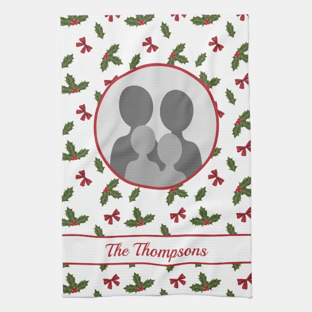Linge De Cuisine Noël Holly Et Bows Modèle photo Personnalisé (Vertical)
