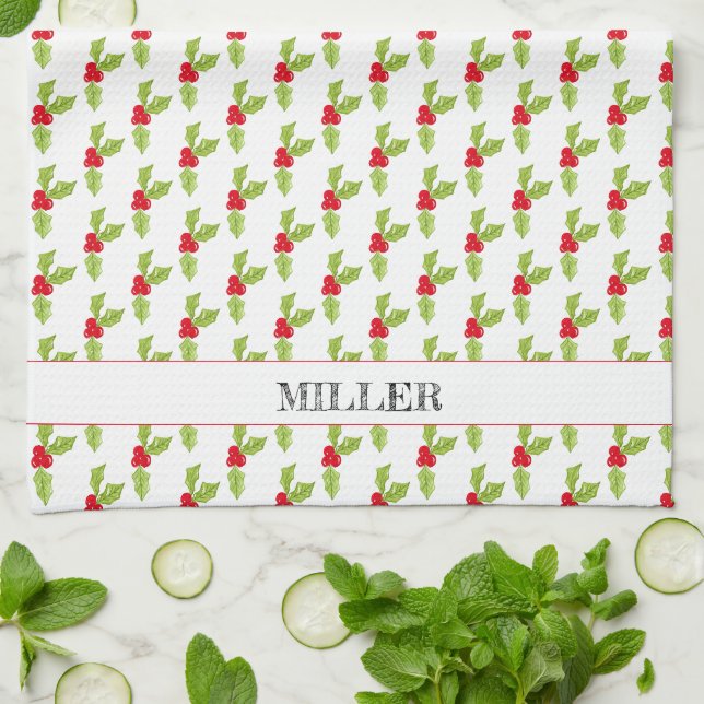 Linge De Cuisine Noël Holly Mistletoe Motif NOM Joy Festive (Plié)