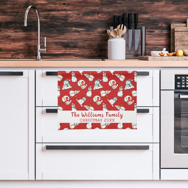 Linge De Cuisine Noël Nom De Famille Et Année | Red Snowman 2026 (Kitchen)