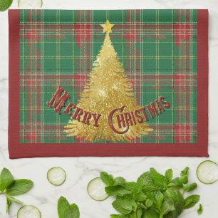 Linge De Cuisine Noël Plaid Green, Rouge avec Gold Tree