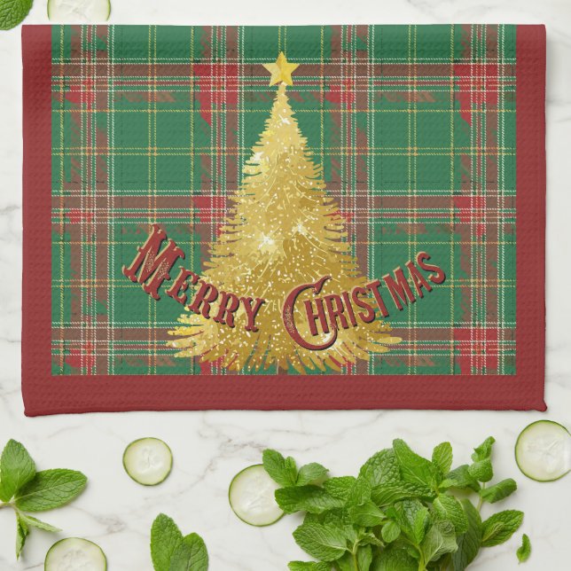 Linge De Cuisine Noël Plaid Green, Rouge avec Gold Tree (Plié)