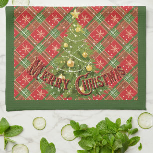 Linge De Cuisine Noël Plaid Rouge, Vert, Or et Arbre