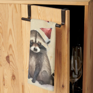 Linge De Cuisine Noël Raccoon Santa Hat Aquarelle Fun Animal