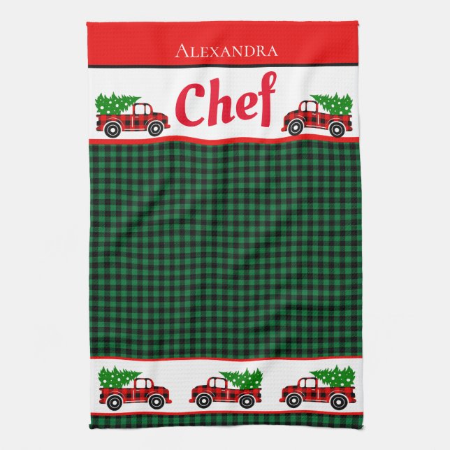 Linge De Cuisine Noël Rouge Camion Chef Green Buffalo Plaid Apro (Vertical)